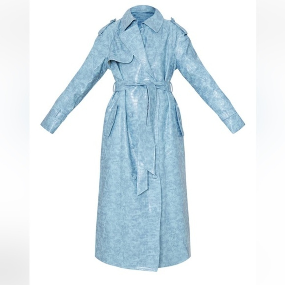 NEW Pretty Little Thing Pale Blue Croc PU Trench Coat | Size 10 - Picture 2 of 12